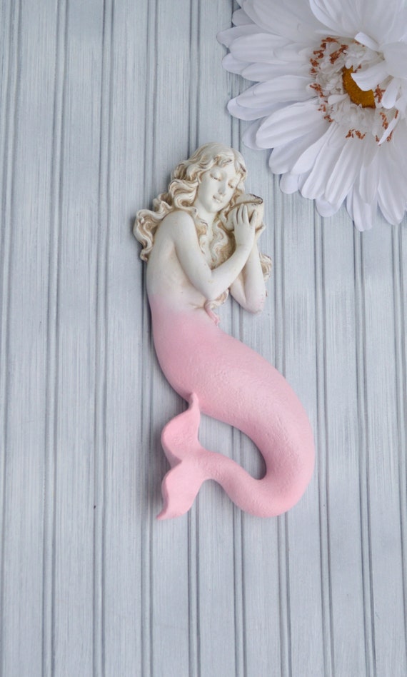 Mermaid Resin Wall Decor Large 14/" Nautical Shabby Chic Nautical Decor White /&