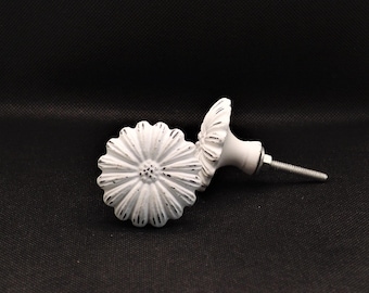 White Daisy Knob, Distressed Flower Drawer Pull, Shabby Chic Door Handle