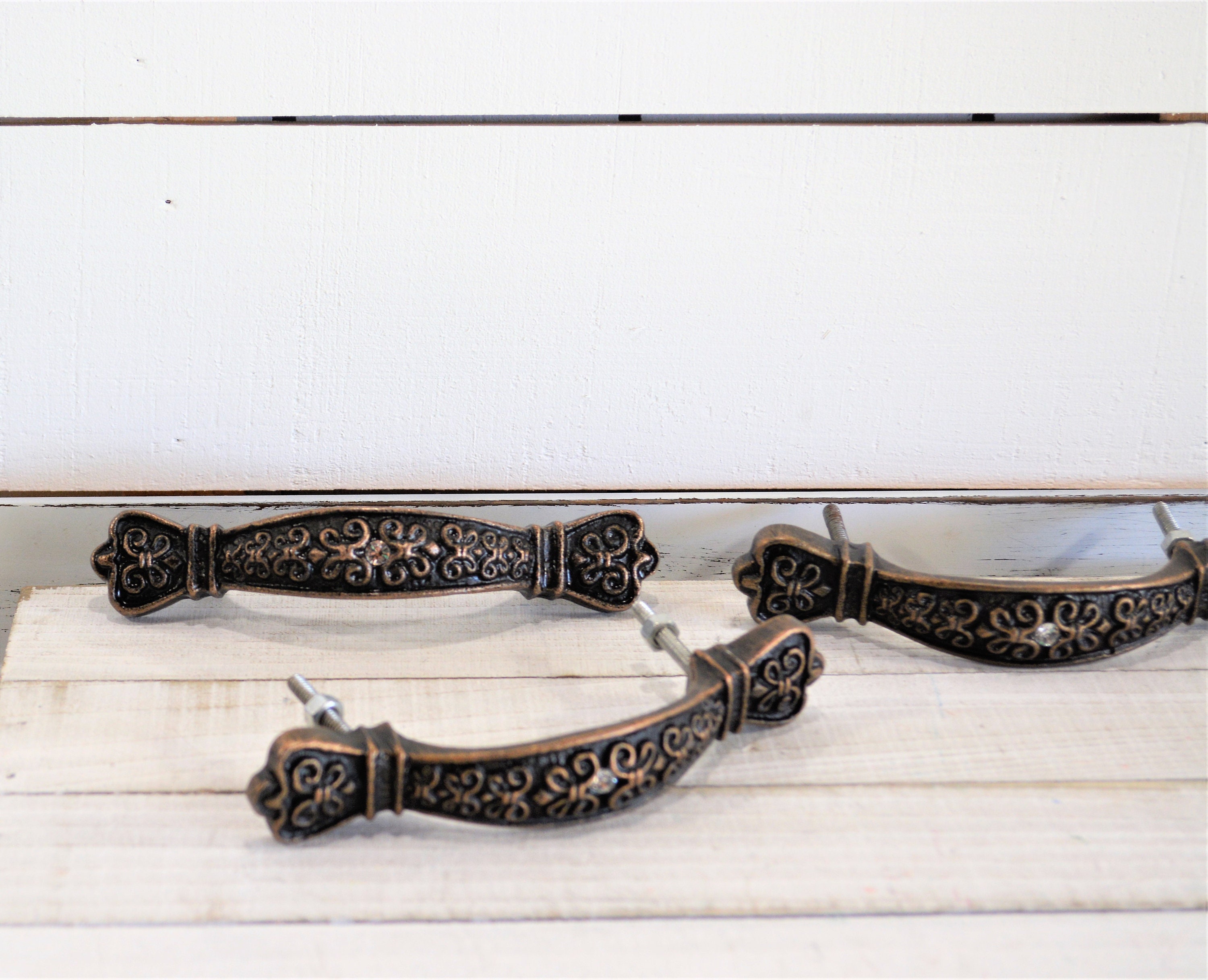 Antique Bronze Drawer Pull with Rhinestone Center Ornate Etsy