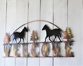 Welcome Horse Sign with Trees, Farmhouse, Western, Ranch, Barn Decor, Black Stallion Pony Mare Lover, Animal Wall Art