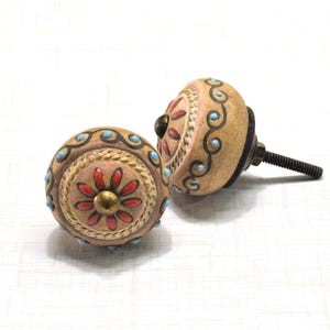 Glazed red flower medallion knob, ceramic drawer pull, furniture hardware