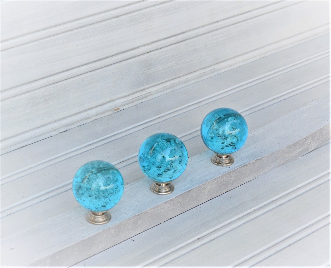 Blue Glass Knob, Furniture Dresser Drawer Pull, Coastal