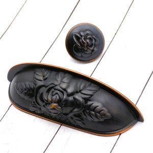 Venetian Bronze Cup Pull: Rose Floral Cabinet Hardware - 3 3/4" Inch Centers