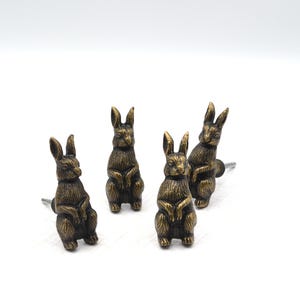 May include: Four bronze-colored cabinet knobs shaped like rabbits. Each rabbit is in a seated position with its ears perked up. The knobs have a vintage, antique appearance and are mounted on silver-colored screws.