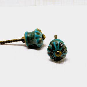 May include: Two turquoise and bronze ceramic cabinet knobs. The knobs have a textured, floral design and are mounted on brass hardware. The knobs are ideal for adding a decorative touch to furniture.