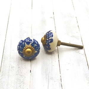 May include: Two decorative ceramic cabinet knobs. The knobs are white with blue floral patterns and gold-colored accents. The knobs have a round shape and are attached to brass-colored screws.