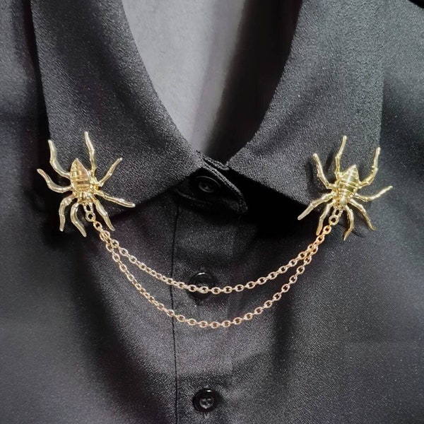 Gold spider collar pin with chain Halloween jewelry costume spooky jewellery spider brooch spider lapel pin shirt tip collar bar with insect