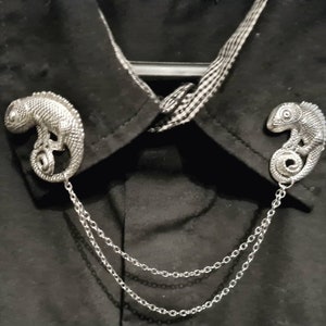 Chameleo collar pin chain, men&#39;s gift idea, unisex brooch, lizard shirt bar, accessories for him, gecko present, reptile, big lapel pins