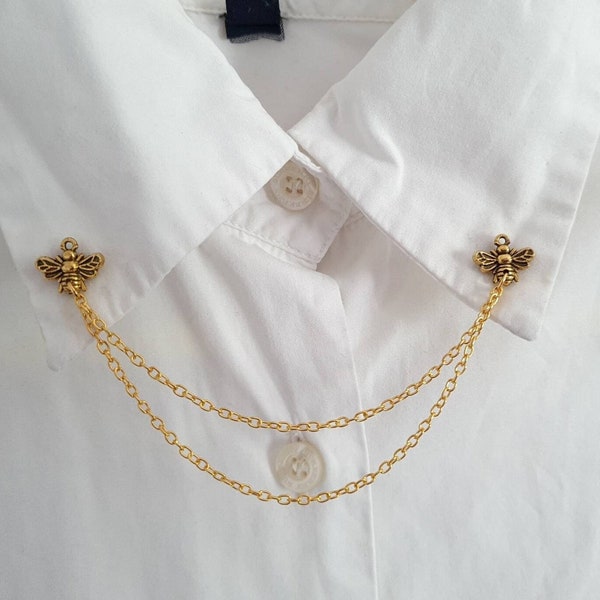 Gold bee collar pin with chain women brooch insect badges for her Mother's Day gift idea jewellery cute bug accessories shirt clasp tips bar