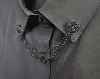 Zwarte druzy kraagspeld met ketting hars kraagclip vest clip kraag tip ketting sprankelend, glanzend, glanzend, overhemdbroche met ketting