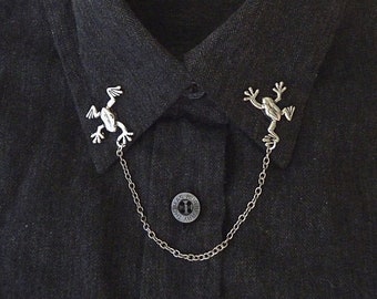 Frog collar pin, lapel pin, mismatched brooch with chain, sweater guard, toad jewelry, men's accessories, jewellery for him, shirt bar