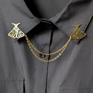 Gold hawk moth collar pin bug collar clips womens  death head moth brooch insect lapel pin with chain Halloween jewelry spooky clips gift