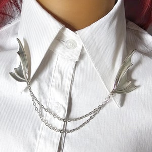 Silver bat wings collar pin with chain men lapel clip gift idea for him punk accessories Halloween jewelry gothic jewellery emo nu goth bar