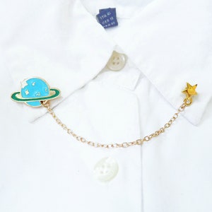 Celestial collar chain space pin  Saturn pinback button planet astrology gift mismatched jewelry collar pin chain star lapel pin