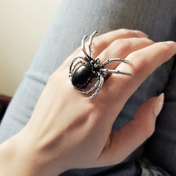 Spider adjustable big ring for women arachnids gift ideas for her bold jewelry silver band huge massive large jewellery full finger cuff