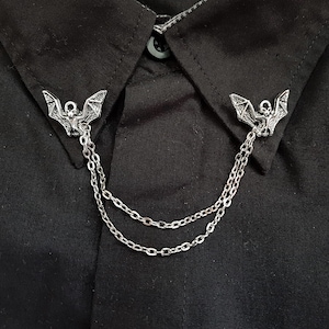 Bat collar pins, men&#39;s collar bar, punk accessories, goth, gothic style,sweater clips, gift for metal fan, emo, lapel pin, tips, Halloween