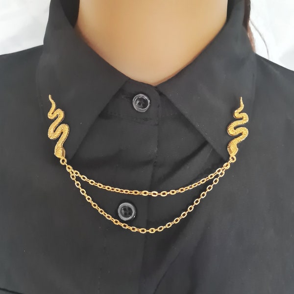 Gold snake collar pin chain men's gift idea unisex collar clips mens shirt brooch cobra shirt bar accessories for him python present boa