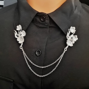 Silver flower collar pin with chain floral shirt clips simple classic women accessories wedding lily lapel pin cardigan tips gift for mom