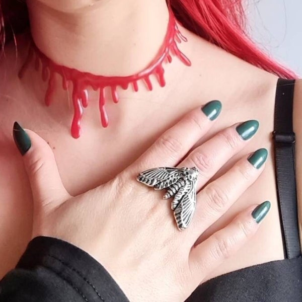 Dead head moth ring with adjustable band skull moth wicca jewelry which accessories pagan jewellery gothic emo style alternative aesthetic