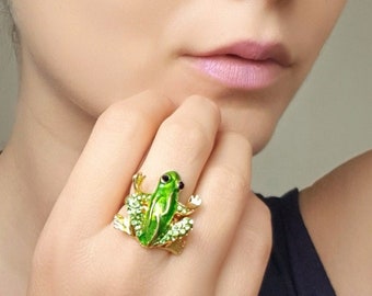 Frog ring with adjustable band decorated with rhinestones toad jewelry cuff ring jewellery enamelled ring with crystals bold big huge large