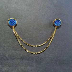 Blue druzy collar clips with gold chain resin dress clips sparkling shiny ore double sweater round brooch women accessories shirt badges image 4