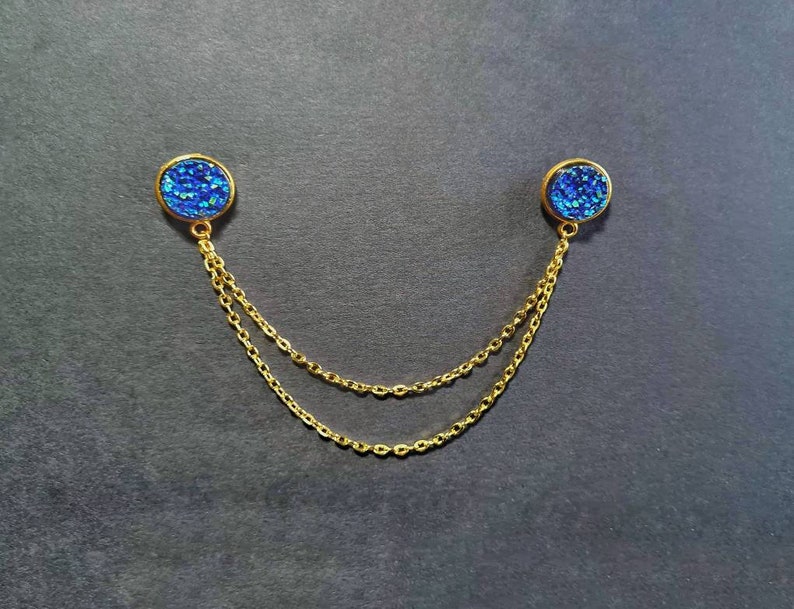 Blue druzy collar clips with gold chain resin dress clips sparkling shiny ore double sweater round brooch women accessories shirt badges image 4