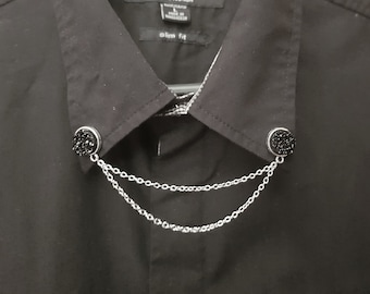 Pasador de cuello druzy negro, cadena de cuello, clip de cuello de resina, clip de cárdigan, cadena de punta de cuello, espolvoreado, brillante, brillante, broche de camisa con cadena