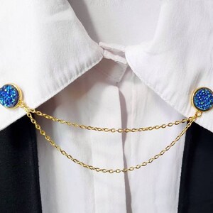 Blue druzy collar clips with gold chain resin dress clips sparkling shiny ore double sweater round brooch women accessories shirt badges image 5