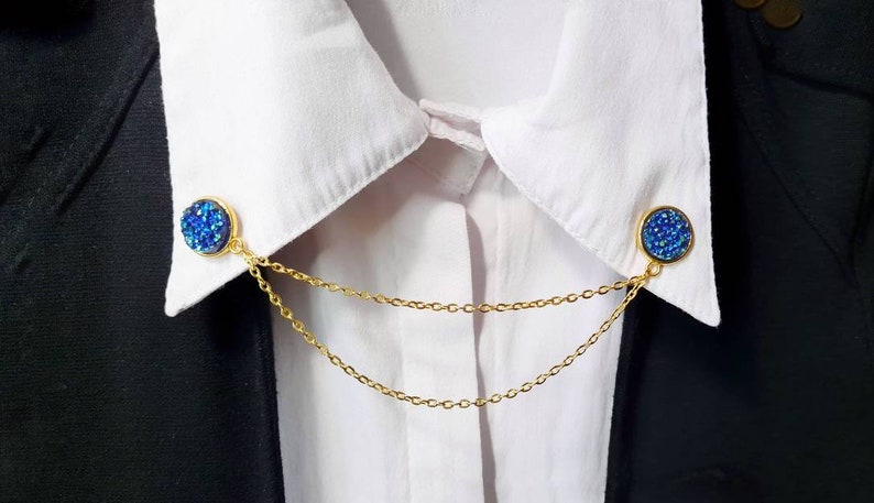 Blue druzy collar clips with gold chain resin dress clips sparkling shiny ore double sweater round brooch women accessories shirt badges image 5