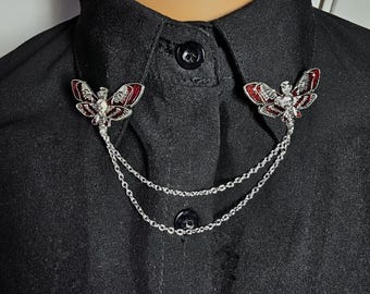 Skull moth collar pin bug collar clips womens  death head moth brooch insect lapel pin with chain Halloween jewelry spooky clips gift
