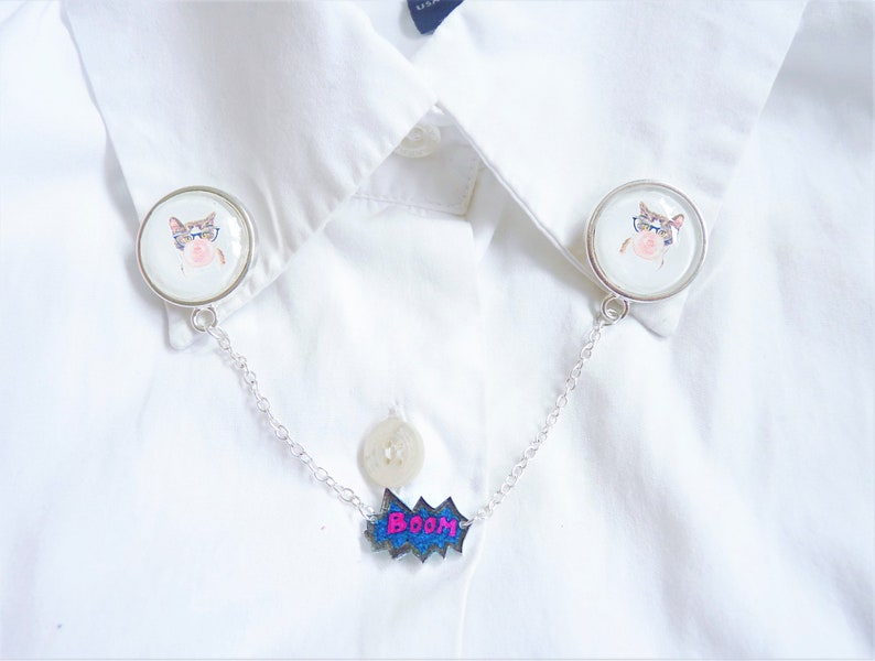 sweater clips collar brooch lapel pin cartoon comics tips Bubble gum cat collar pin with chain pop culture boom pop art funny cat