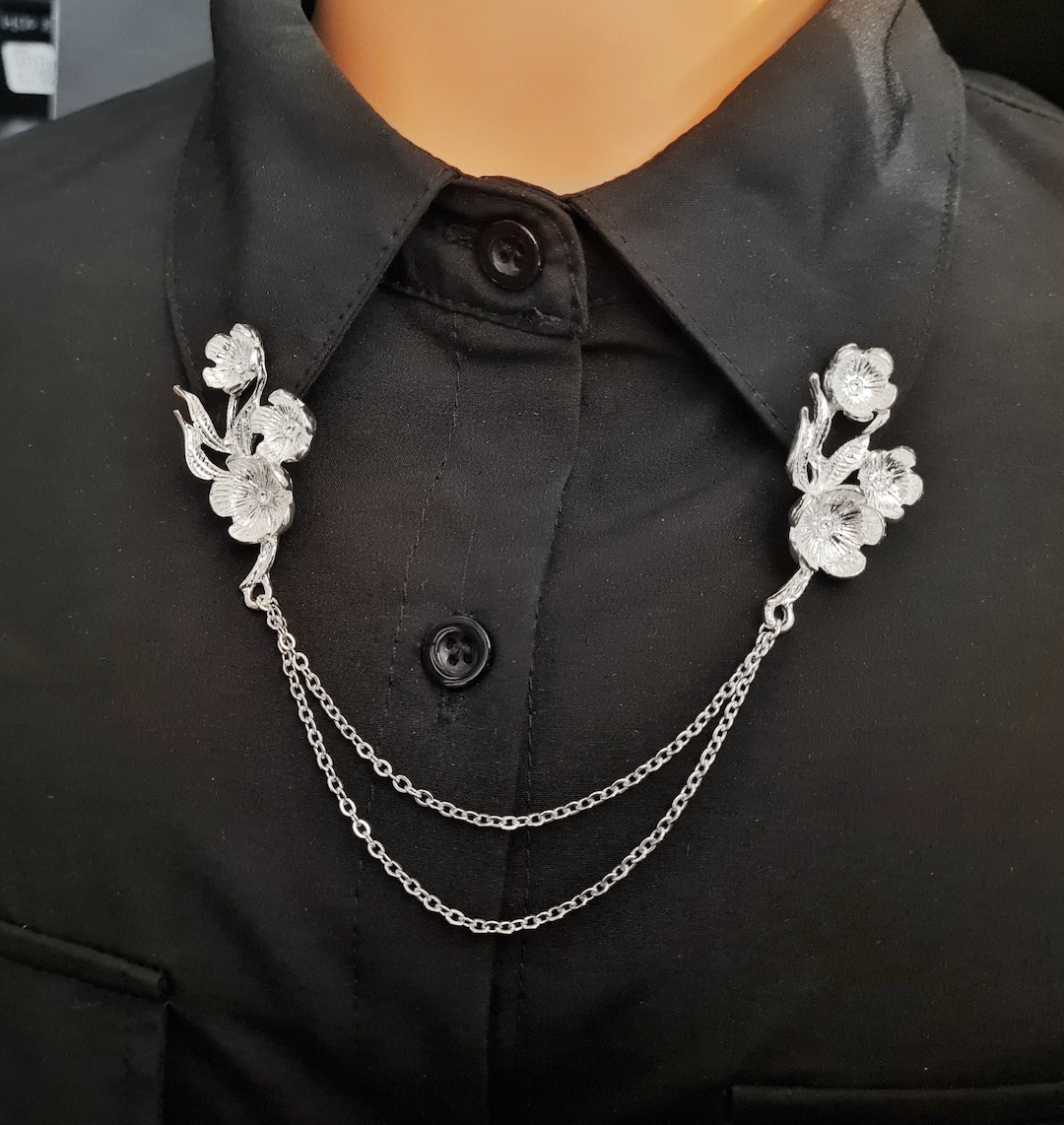 Silver Flower Collar Pin With Chain Floral Shirt Clips Simple