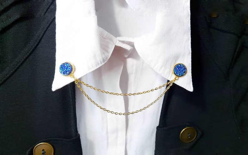 Blue druzy collar clips with gold chain resin dress clips sparkling shiny ore double sweater round brooch women accessories shirt badges image 2