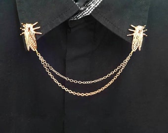 Rose gold cicada collar clip with chain women pin brooch insect  Mother's Day gift idea beetle jewellery cute accessories shirt tips bug bar
