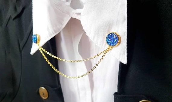 Blue druzy collar clips with gold chain resin dress clips sparkling shiny ore double sweater round brooch women accessories shirt badges