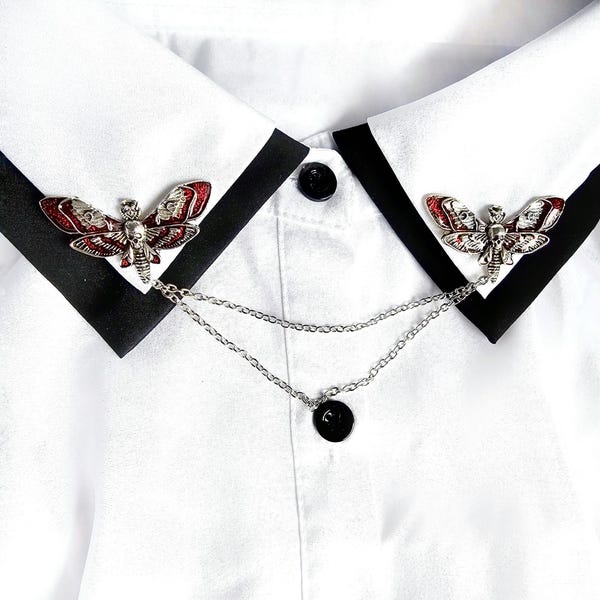 Skull moth collar pin bug collar clips womens  death head moth brooch insect lapel pin with chain Halloween jewelry spooky clips gift