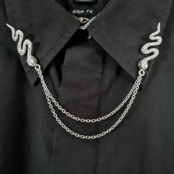 Snake collar pin chain, men's gift idea, unisex collar clips, mens shirt brooch, cobra shirt bar, accessories for him, python present, boa