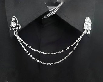 Épingle de col spatiale avec chaîne cadeau pour geek girl broche fusée vaisseau spatial astronaute fermoir céleste unisexe pointe galaxie clips chemise bar cosmique