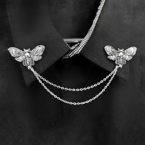 Skull moth collar pin bug collar clips womens  death head moth brooch insect lapel pin with chain Halloween jewelry spooky clips gift
