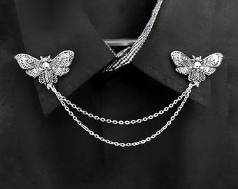 Skull moth collar pin bug collar clips womens  death head moth brooch insect lapel pin with chain Halloween jewelry spooky clips gift