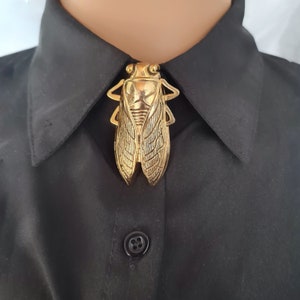 May include: A gold-colored cicada brooch pinned to a black collared shirt.