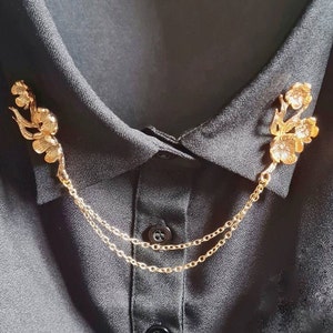 Gold flower collar pin with chain floral shirt clips simple classic women's accessories rose gold lapel pin cardigan tips cute gift for mom