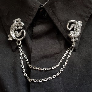 Gecko collar pin chain, men&#39;s gift idea, unisex brooch, lizard shirt bar, accessories for him, chameleon present, reptile, big lapel pins