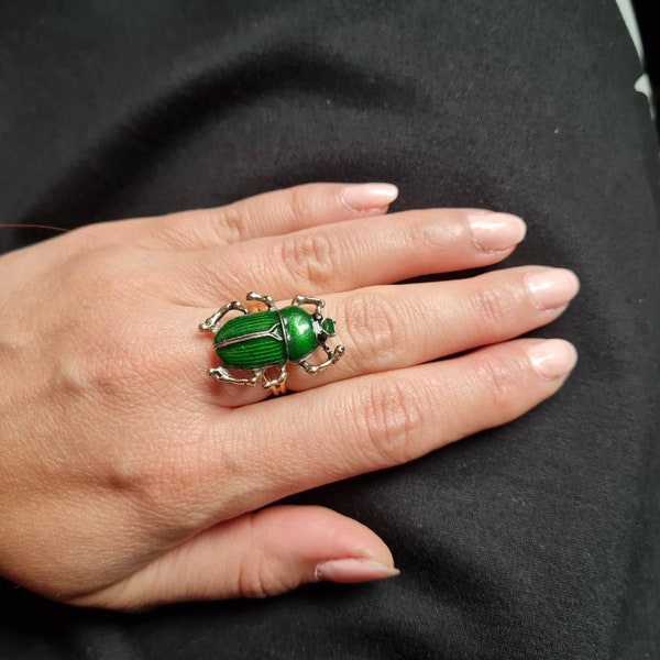 Grande bague pour femme scarabée vert avec cigale, bijoux en émail, bague en strass, idée cadeau élytres d'insectes pour elle