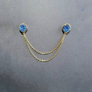 Blue druzy collar clips with gold chain resin dress clips sparkling shiny ore double sweater round brooch women accessories shirt badges image 3
