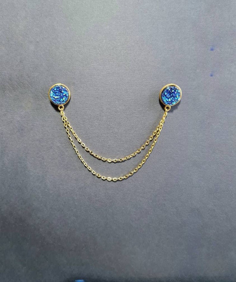 Blue druzy collar clips with gold chain resin dress clips sparkling shiny ore double sweater round brooch women accessories shirt badges image 3