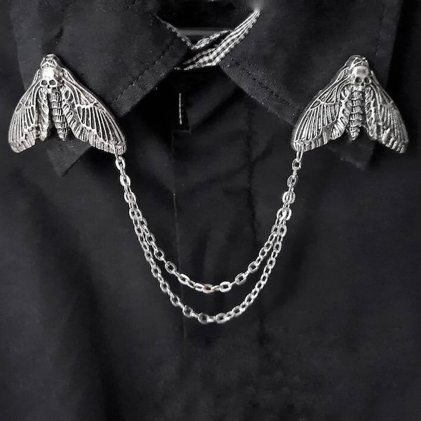 Skull moth collar pin bug collar clips womens  death head moth brooch insect lapel pin with chain Halloween jewelry spooky clips gift