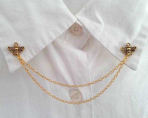 Gold Bee Collar Pin With Chain Women Brooch Insect Badges for Her