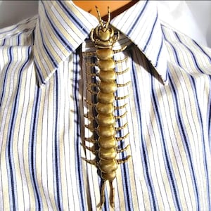 May include: A gold-colored centipede tie clip, worn on a striped button-down shirt. The insect-shaped accessory has a detailed design, with segmented body and legs. The tie clip adds a unique touch to the shirt.