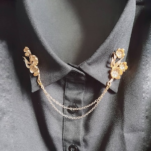 Gold flower collar pin with chain floral shirt clips simple classic women's accessories rose gold lapel pin cardigan tips cute gift for mom
